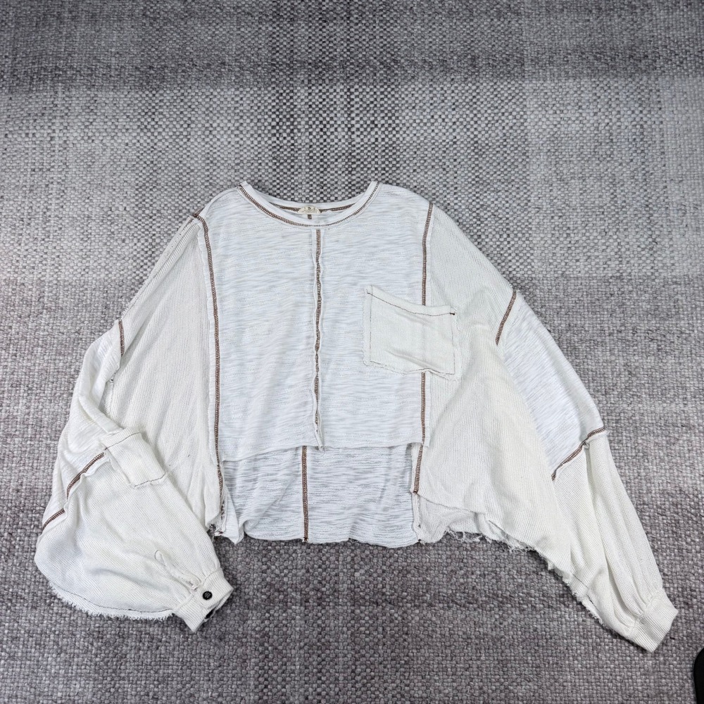 POL Clothing Womens White Mixed Media Waffle Knit Cropped Top YKT733 Small